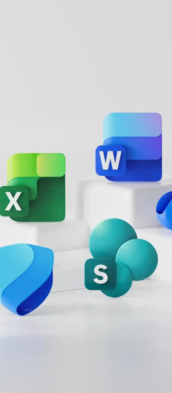 A collection of colorful, glossy 3d icons representing microsoft office applications arranged on white pedestals.