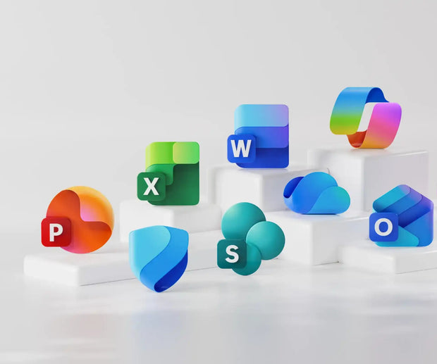A collection of colorful, glossy 3d icons representing microsoft office applications arranged on white pedestals.
