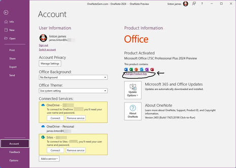 Microsoft onenote 2024 account settings screen displaying office product information.